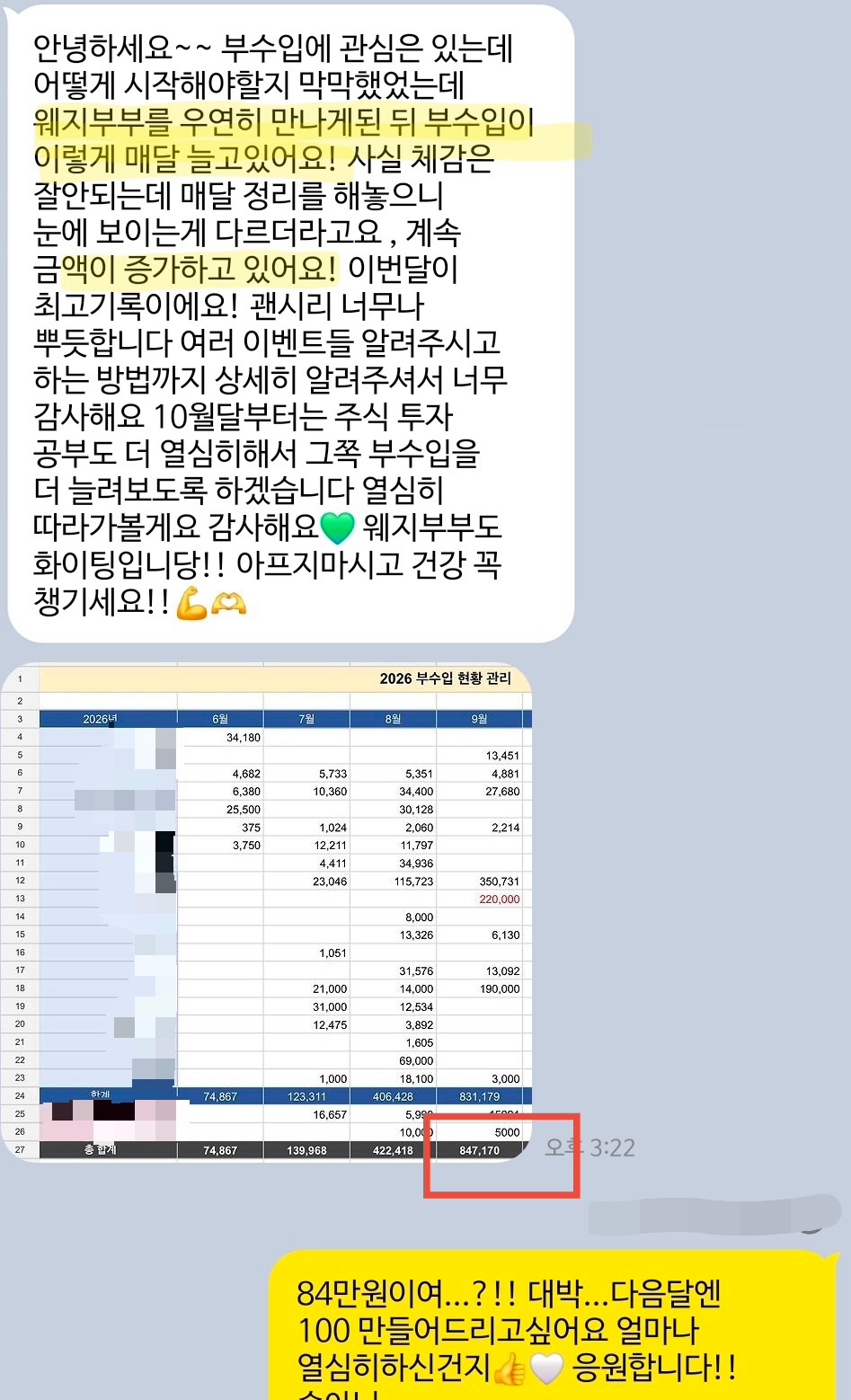 구독방 후기 캡처. 부수입 현황표와 84만 원 달성